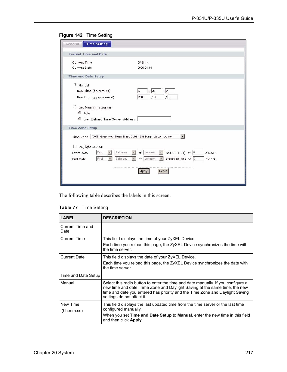 Figure 142 time setting, Table 77 time setting | ZyXEL Communications P-334U User Manual | Page 217 / 335