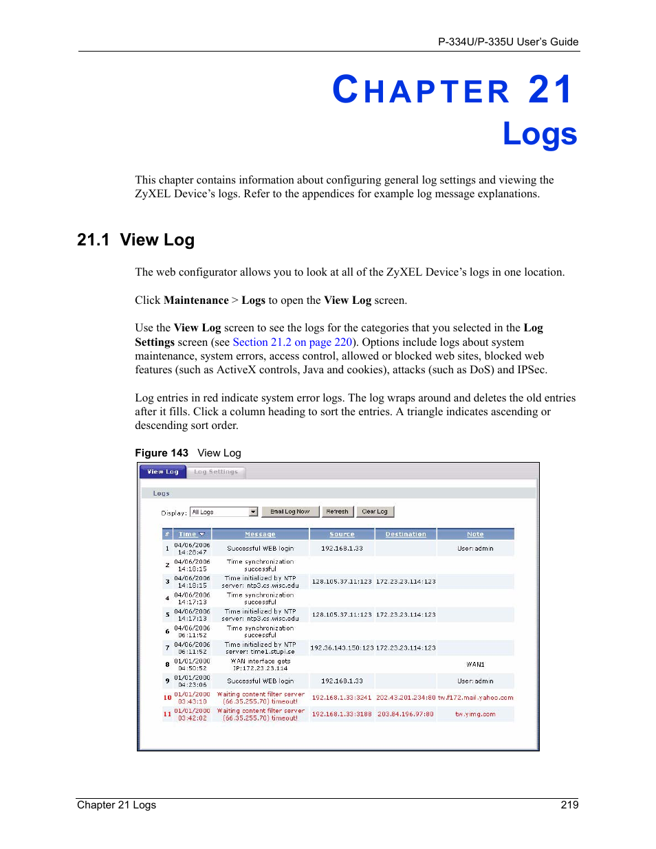 Logs, 1 view log, Chapter 21 logs | Figure 143 view log | ZyXEL Communications P-334U User Manual | Page 219 / 335