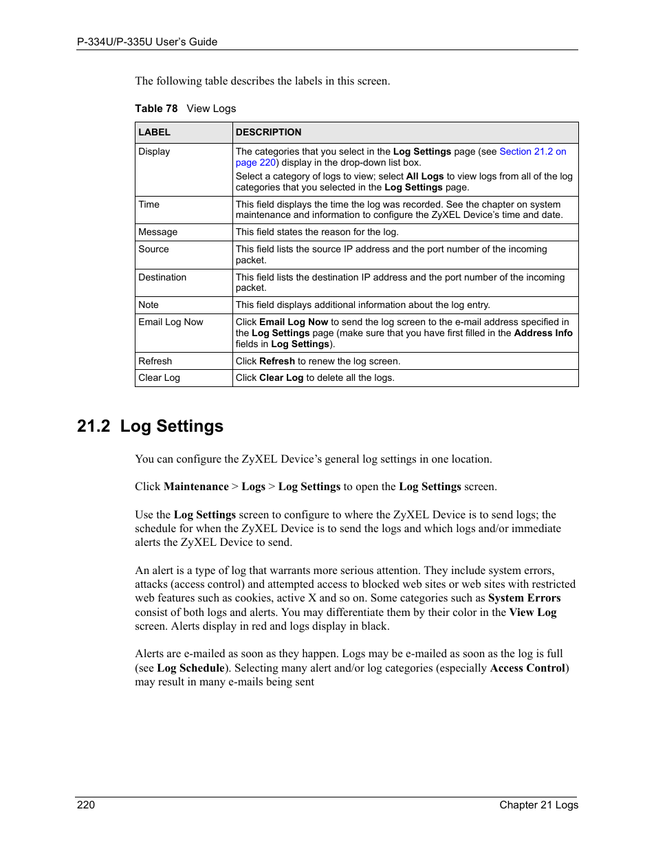 2 log settings, Table 78 view logs | ZyXEL Communications P-334U User Manual | Page 220 / 335