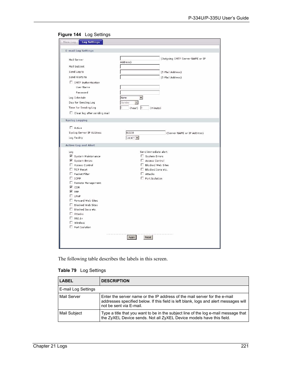 Figure 144 log settings, Table 79 log settings | ZyXEL Communications P-334U User Manual | Page 221 / 335