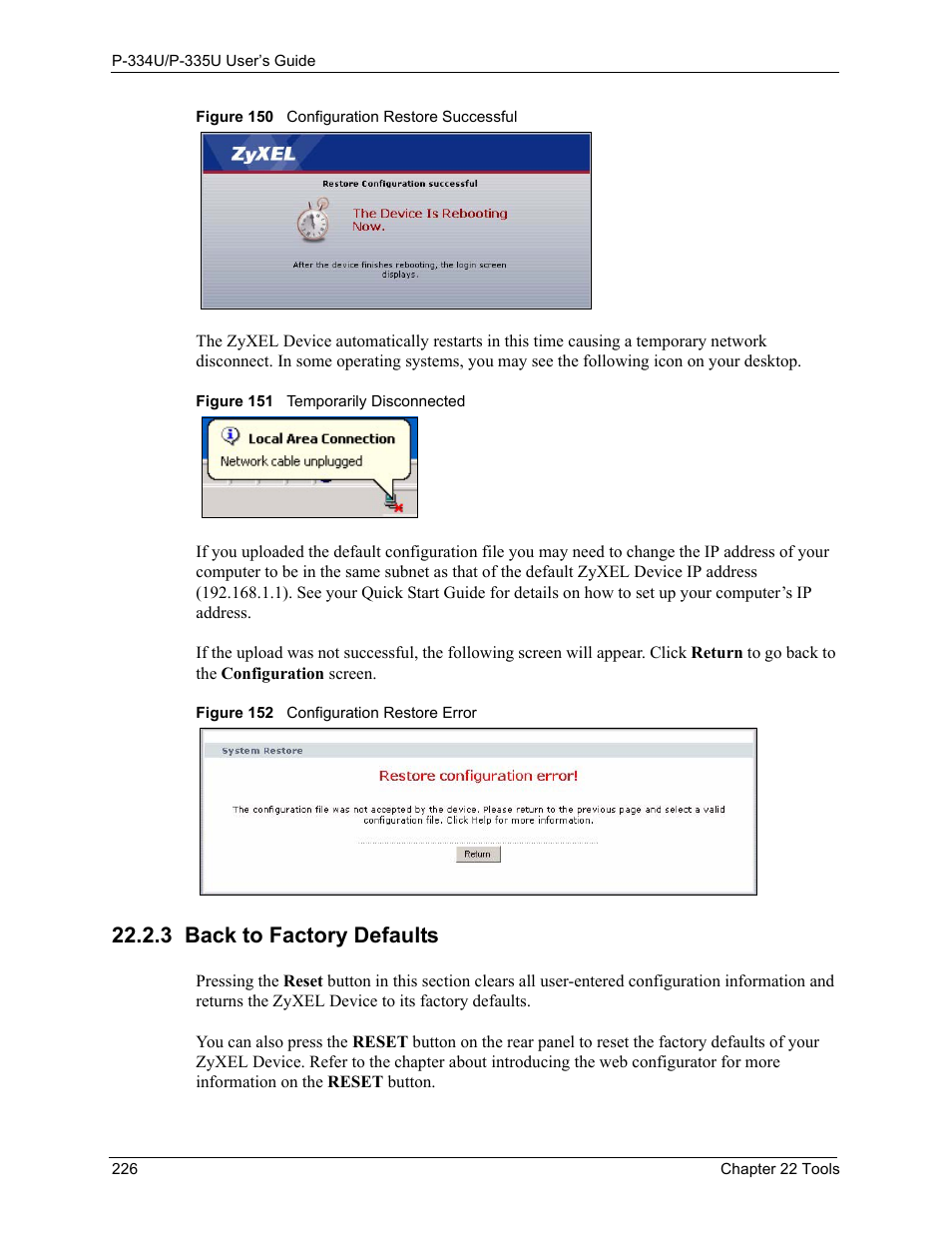 3 back to factory defaults | ZyXEL Communications P-334U User Manual | Page 226 / 335