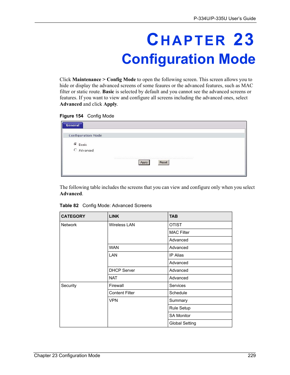 Configuration mode, Chapter 23 configuration mode, Figure 154 config mode | Table 82 config mode: advanced screens | ZyXEL Communications P-334U User Manual | Page 229 / 335