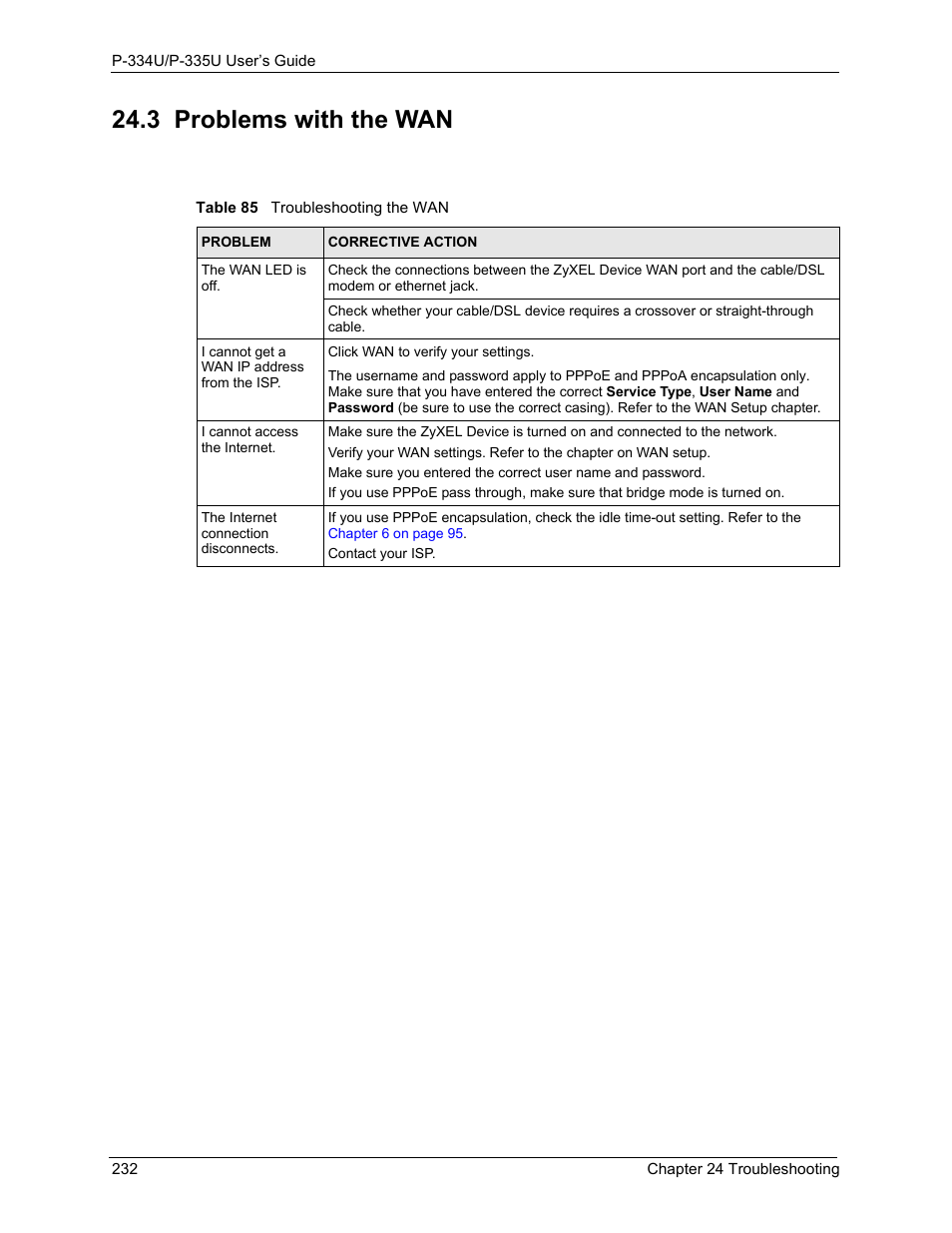 3 problems with the wan, Table 85 troubleshooting the wan | ZyXEL Communications P-334U User Manual | Page 232 / 335