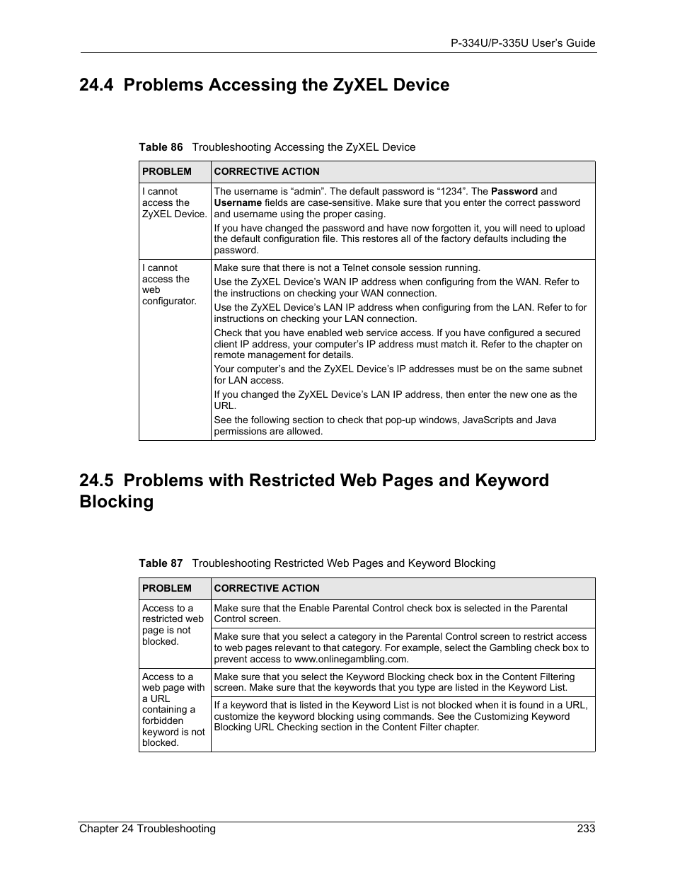 4 problems accessing the zyxel device | ZyXEL Communications P-334U User Manual | Page 233 / 335