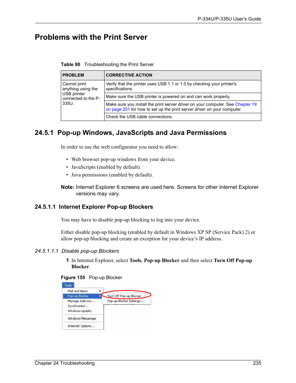 1 pop-up windows, javascripts and java permissions, 1 internet explorer pop-up blockers, Figure 155 pop-up blocker | Table 90 troubleshooting the print server, Problems with the print server | ZyXEL Communications P-334U User Manual | Page 235 / 335