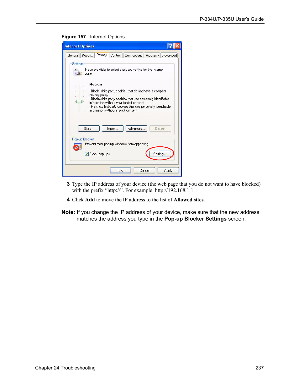 Figure 157 internet options | ZyXEL Communications P-334U User Manual | Page 237 / 335