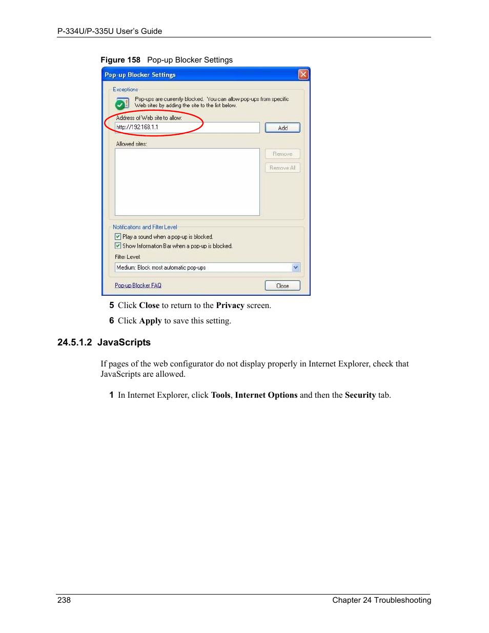 2 javascripts, Figure 158 pop-up blocker settings | ZyXEL Communications P-334U User Manual | Page 238 / 335