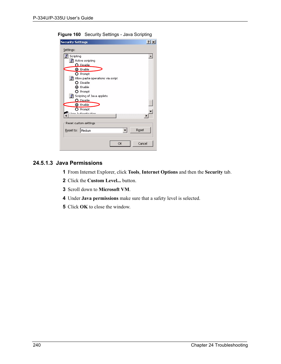 3 java permissions, Figure 160 security settings - java scripting | ZyXEL Communications P-334U User Manual | Page 240 / 335