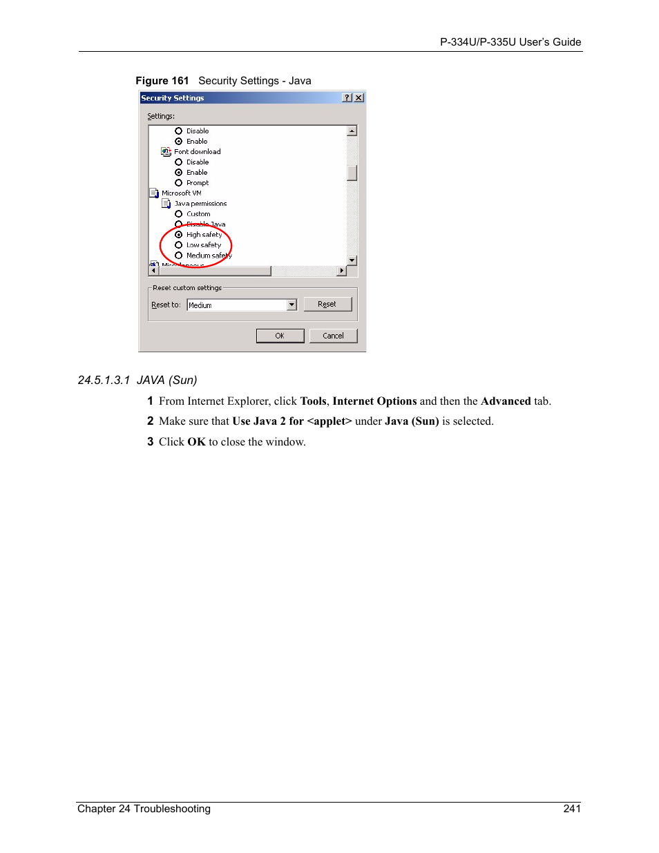 Figure 161 security settings - java | ZyXEL Communications P-334U User Manual | Page 241 / 335