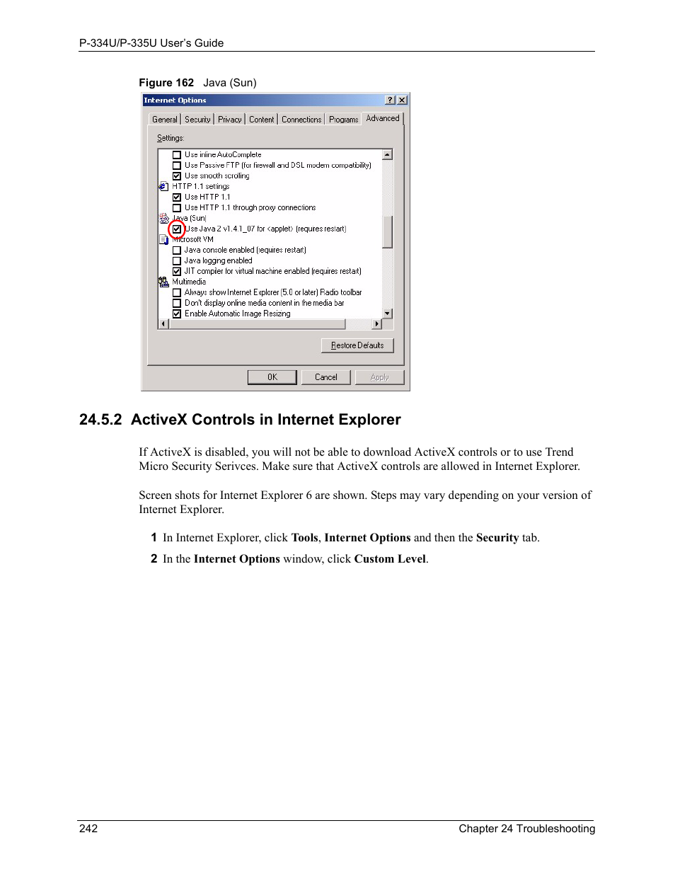 2 activex controls in internet explorer, Figure 162 java (sun) | ZyXEL Communications P-334U User Manual | Page 242 / 335