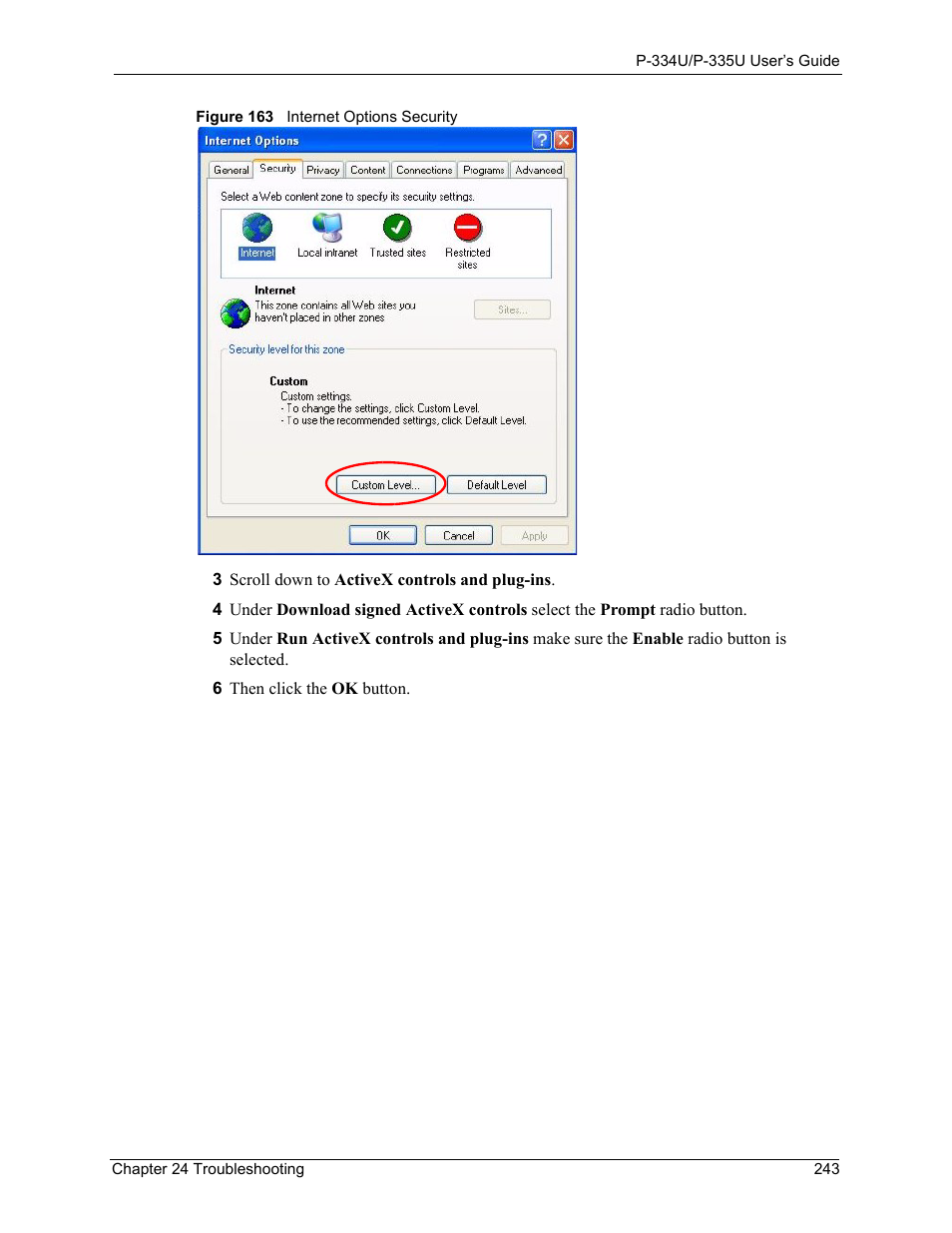 Figure 163 internet options security | ZyXEL Communications P-334U User Manual | Page 243 / 335