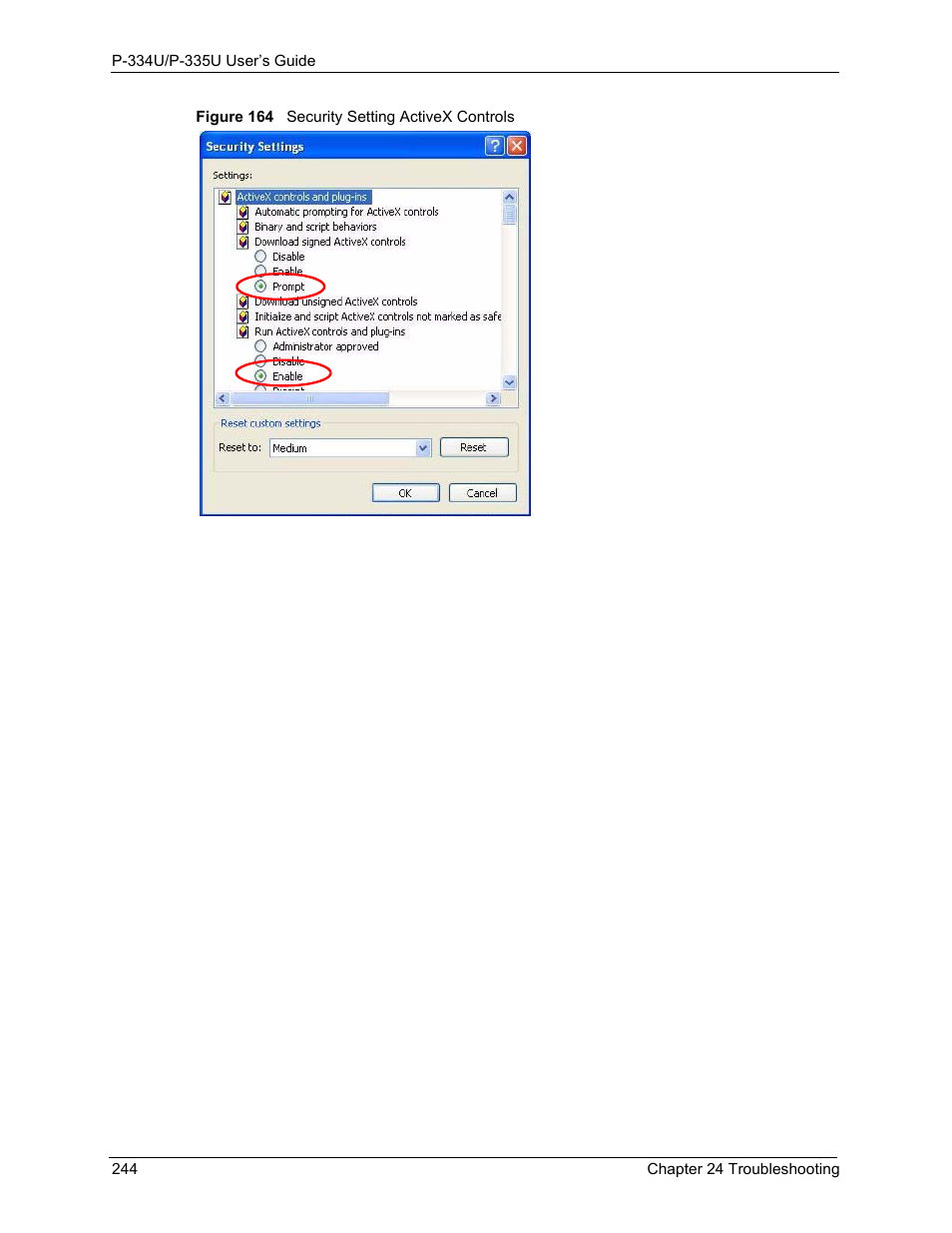 Figure 164 security setting activex controls | ZyXEL Communications P-334U User Manual | Page 244 / 335