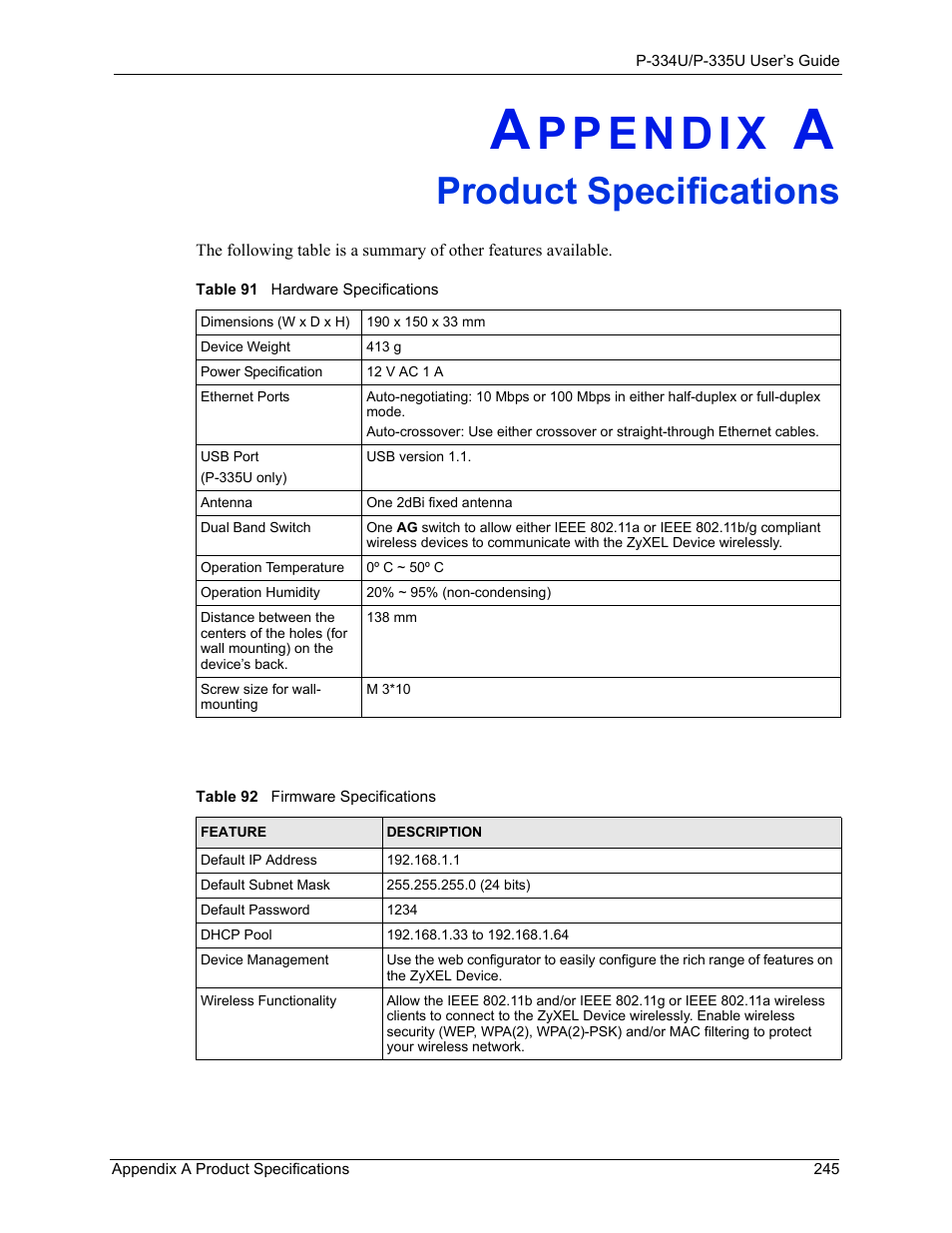 A. product specifications, Appendix a product specifications, Product specifications | ZyXEL Communications P-334U User Manual | Page 245 / 335