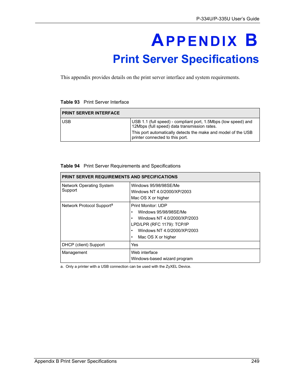 B. print server specifications, Appendix b print server specifications, Print server specifications | ZyXEL Communications P-334U User Manual | Page 249 / 335