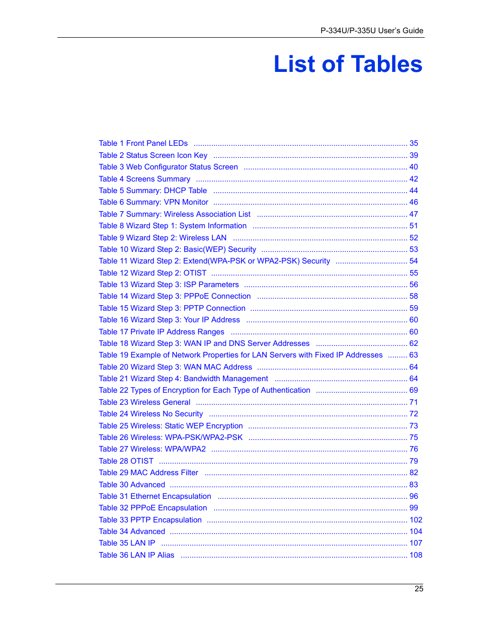 List of tables | ZyXEL Communications P-334U User Manual | Page 25 / 335