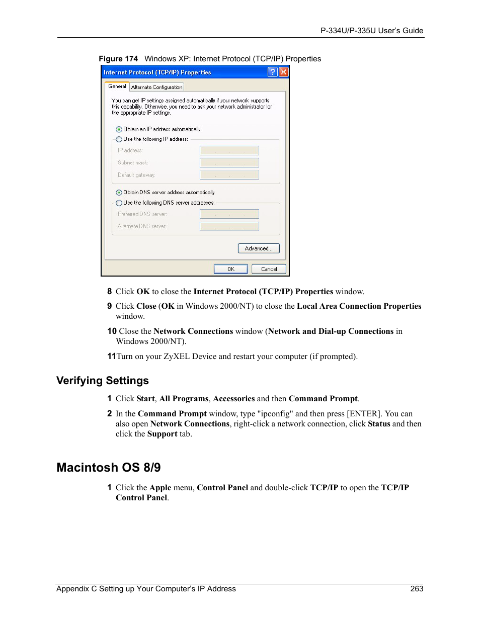 Verifying settings, Macintosh os 8/9 | ZyXEL Communications P-334U User Manual | Page 263 / 335