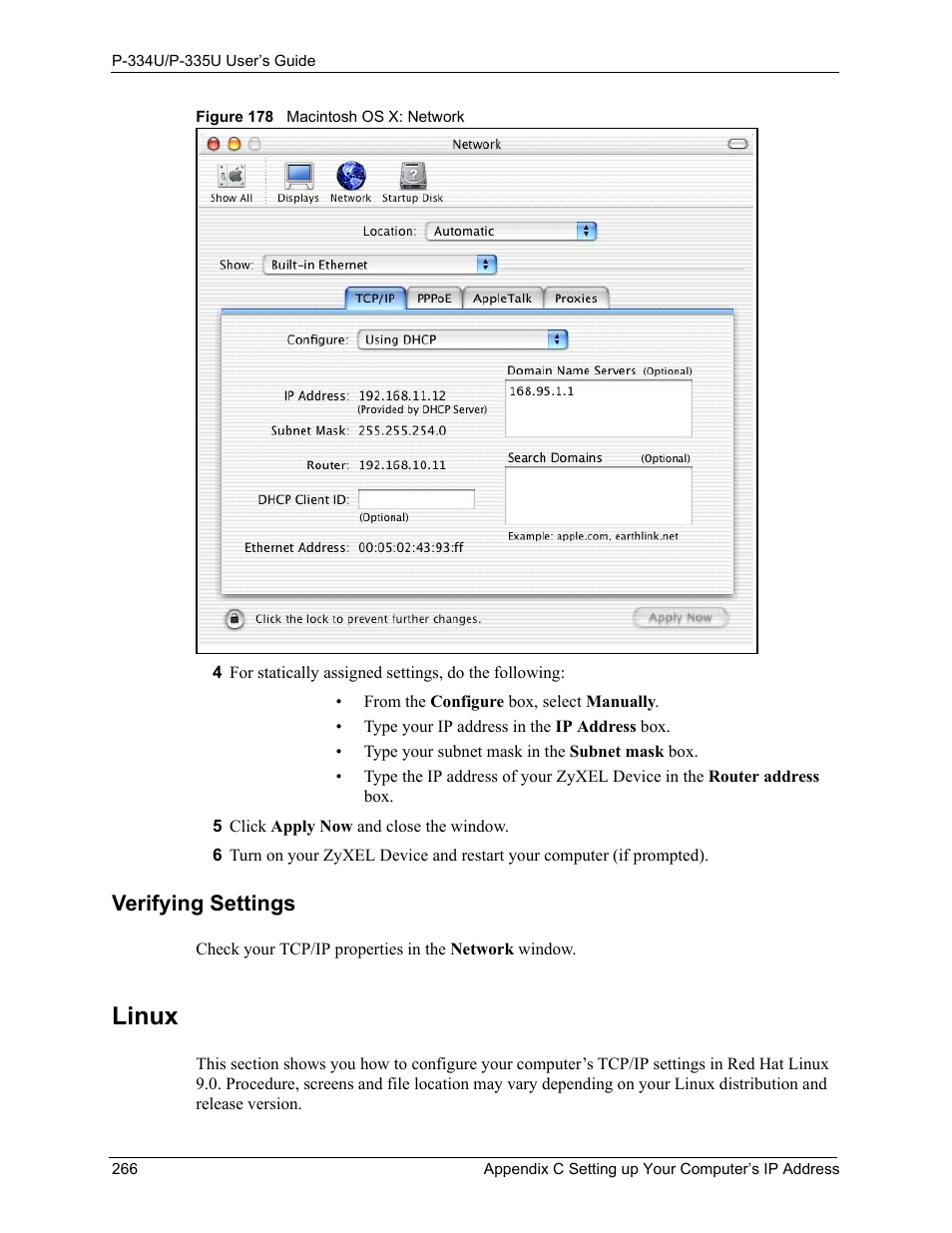 Verifying settings, Linux, Figure 178 macintosh os x: network | ZyXEL Communications P-334U User Manual | Page 266 / 335