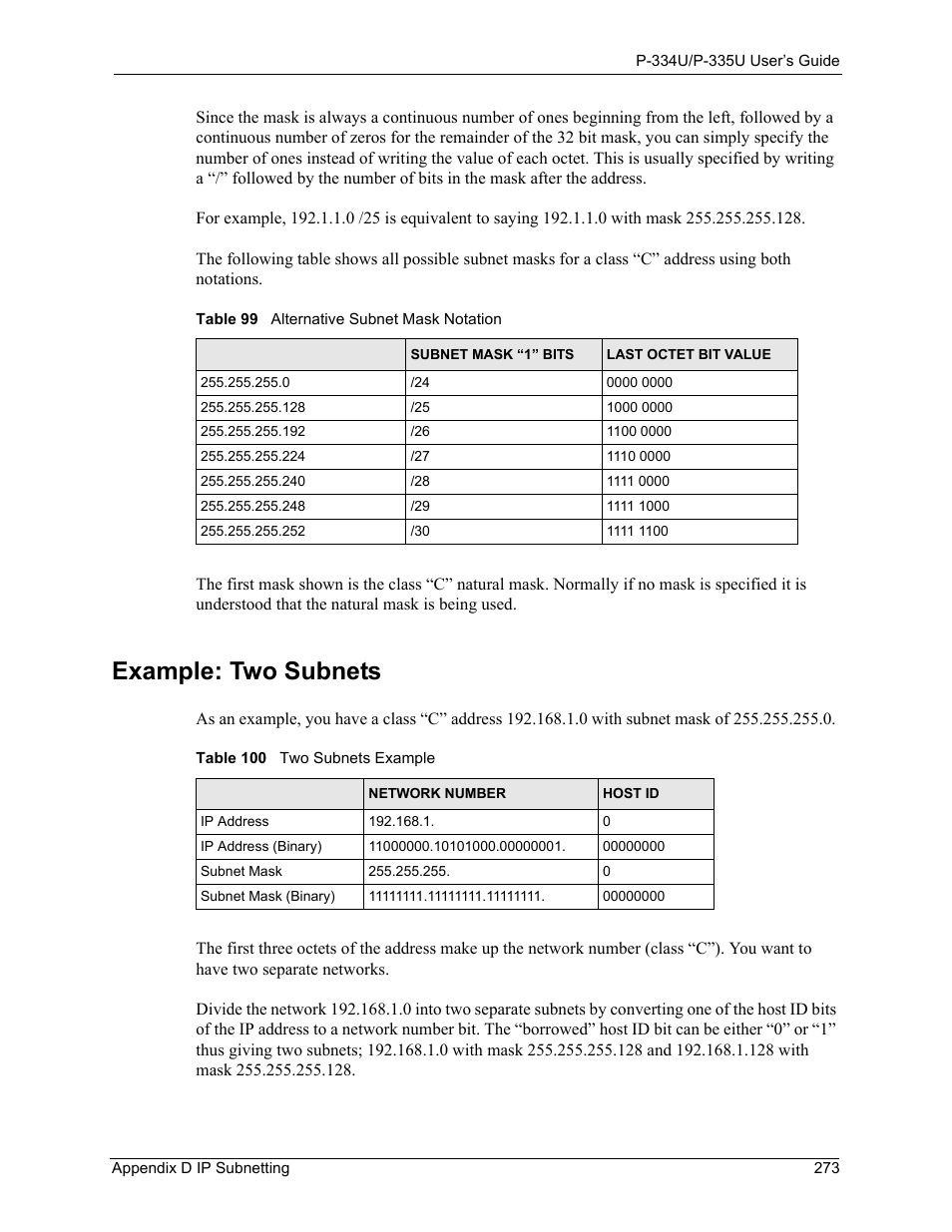 Example: two subnets | ZyXEL Communications P-334U User Manual | Page 273 / 335