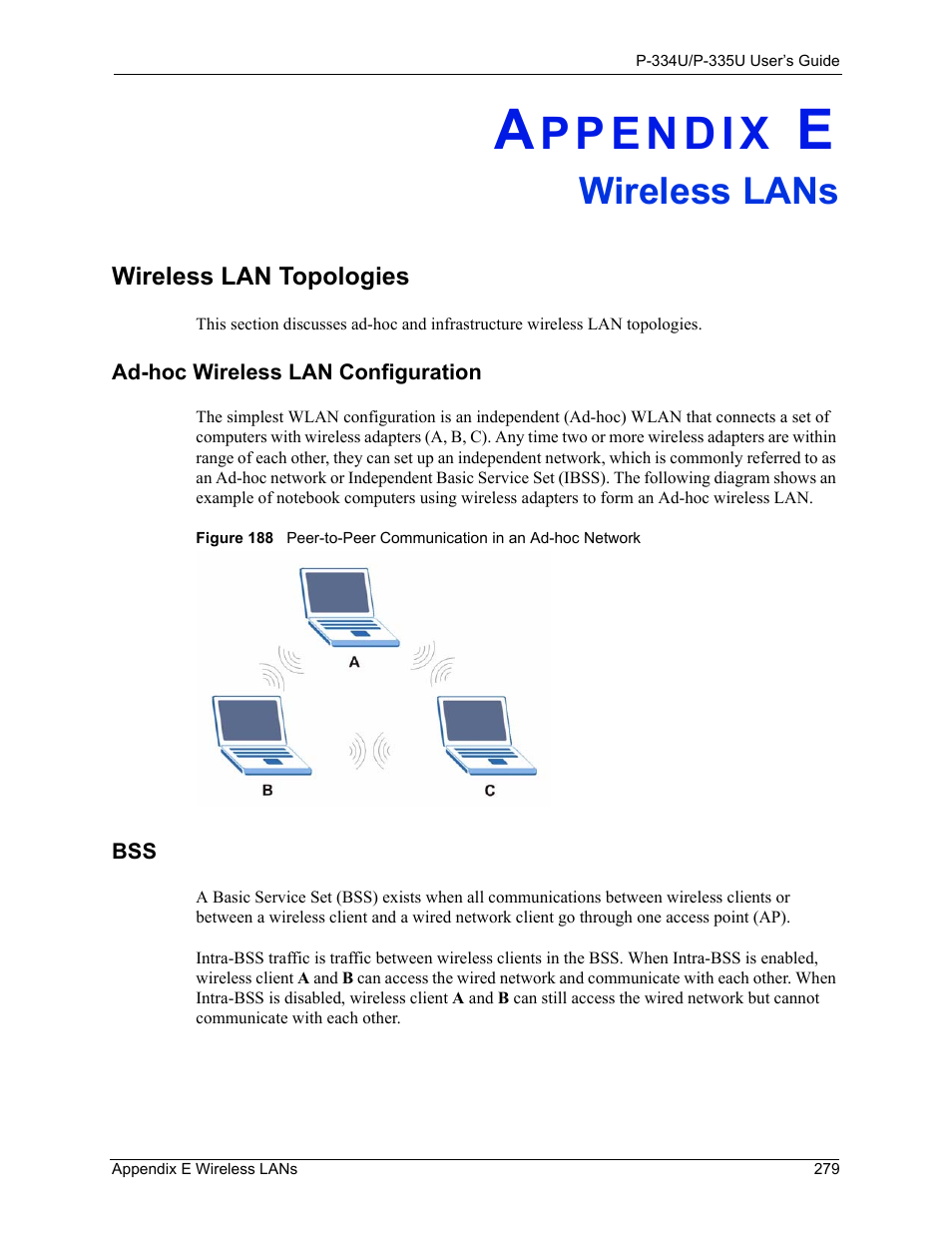 E. wireless lans, Wireless lan topologies, Ad-hoc wireless lan configuration | Appendix e wireless lans, Wireless lans | ZyXEL Communications P-334U User Manual | Page 279 / 335