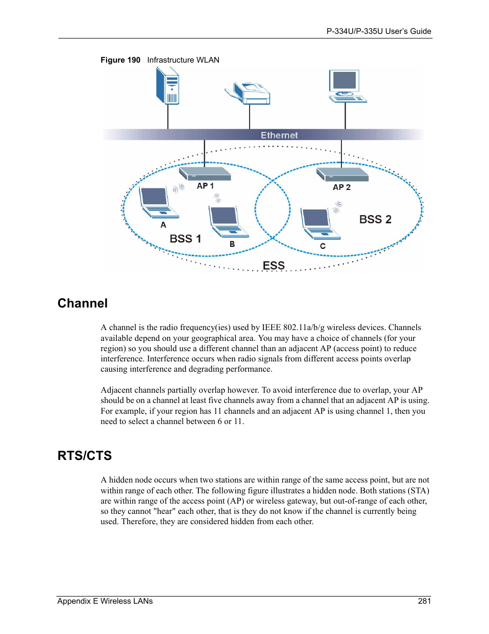 Channel, Rts/cts, Figure 190 infrastructure wlan | ZyXEL Communications P-334U User Manual | Page 281 / 335