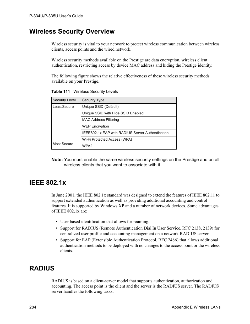 Wireless security overview, Ieee 802.1x, Radius | Table 111 wireless security levels | ZyXEL Communications P-334U User Manual | Page 284 / 335