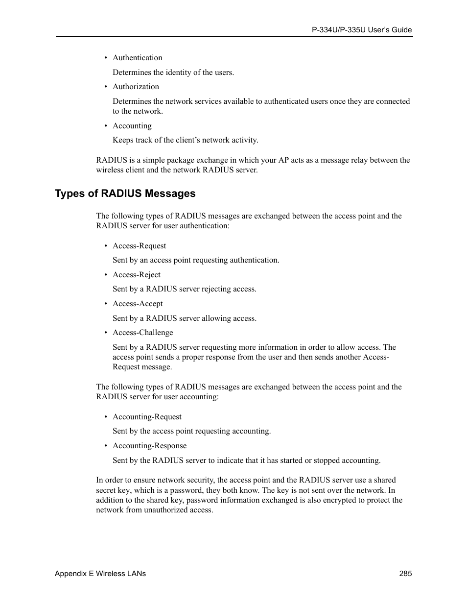 Types of radius messages | ZyXEL Communications P-334U User Manual | Page 285 / 335