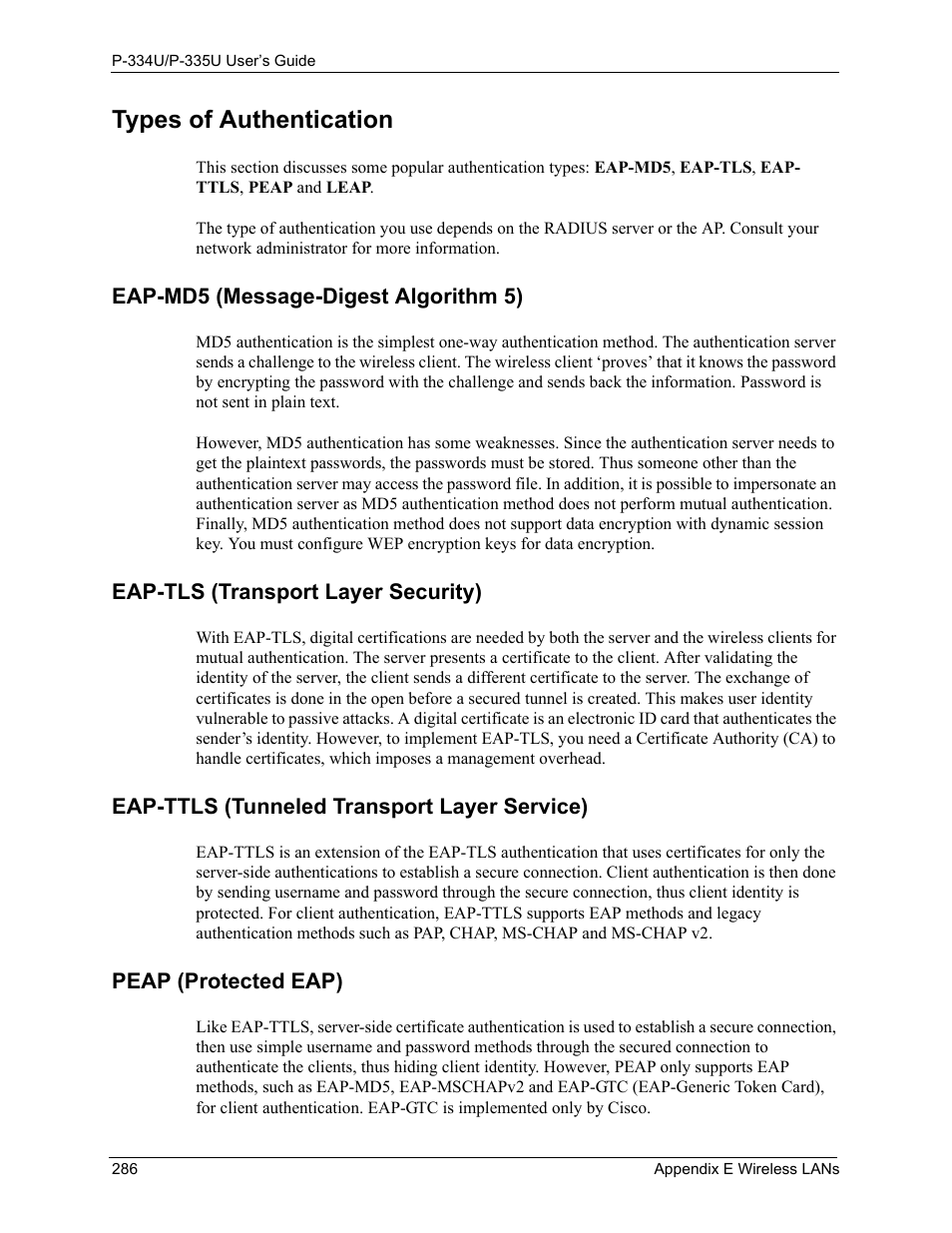 Types of authentication, Eap-md5 (message-digest algorithm 5), Eap-tls (transport layer security) | Eap-ttls (tunneled transport layer service), Peap (protected eap) | ZyXEL Communications P-334U User Manual | Page 286 / 335