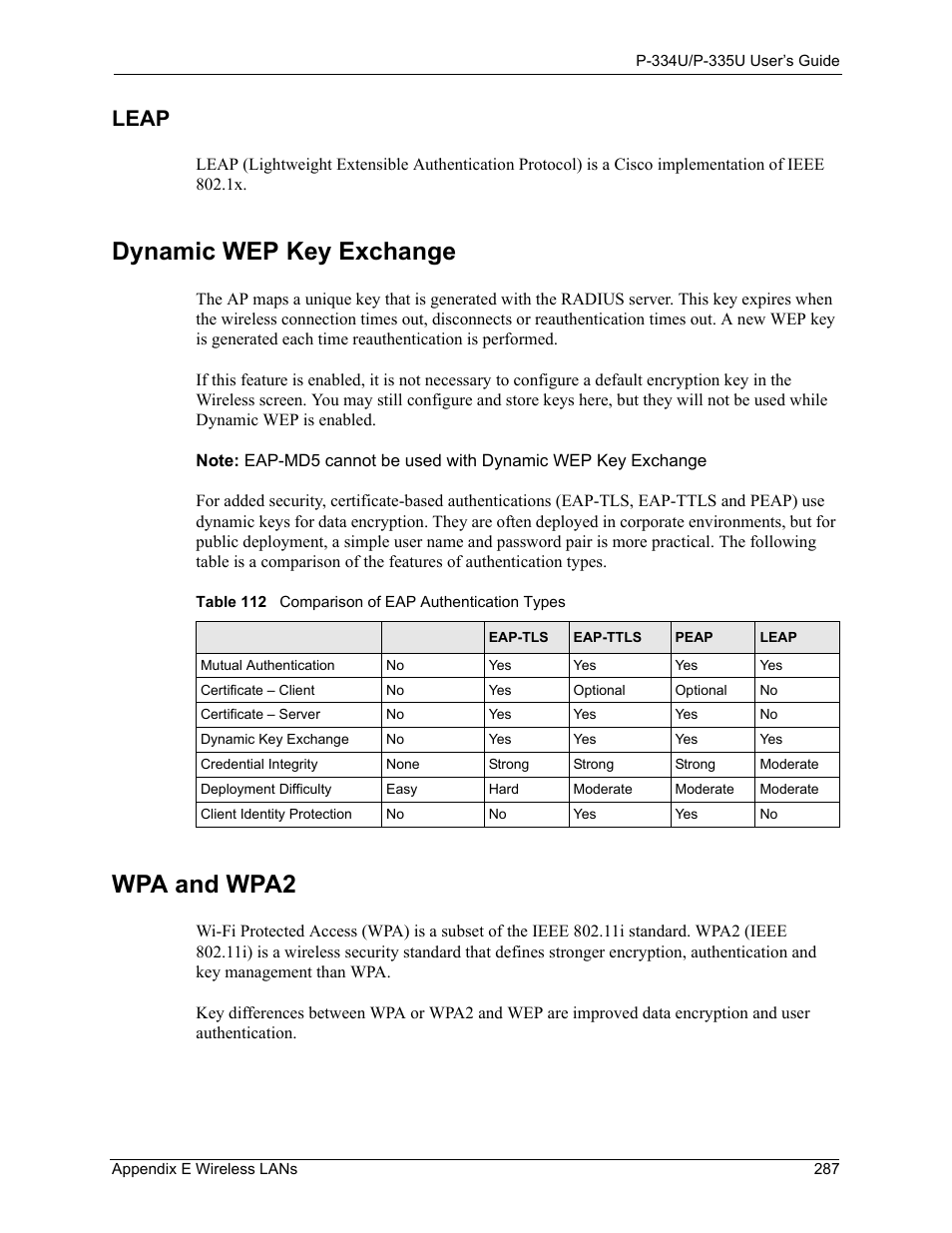 Leap, Dynamic wep key exchange, Wpa and wpa2 | Table 112 comparison of eap authentication types | ZyXEL Communications P-334U User Manual | Page 287 / 335