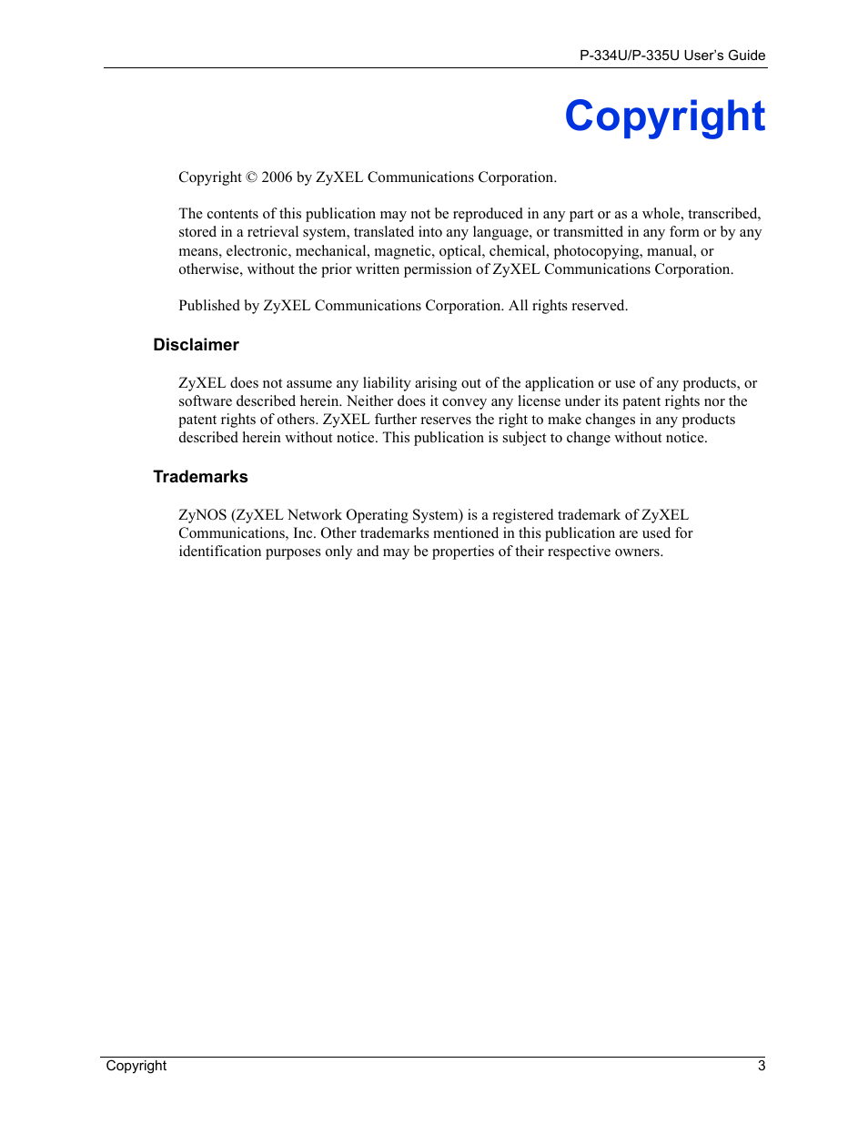 Copyright | ZyXEL Communications P-334U User Manual | Page 3 / 335