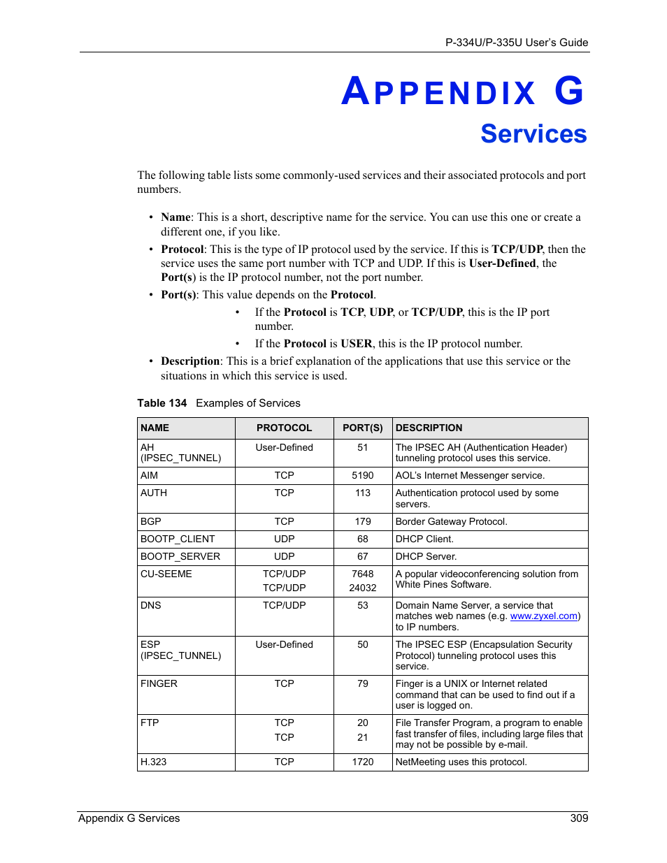 G. services, Appendix g services, Table 134 examples of services | Services | ZyXEL Communications P-334U User Manual | Page 309 / 335