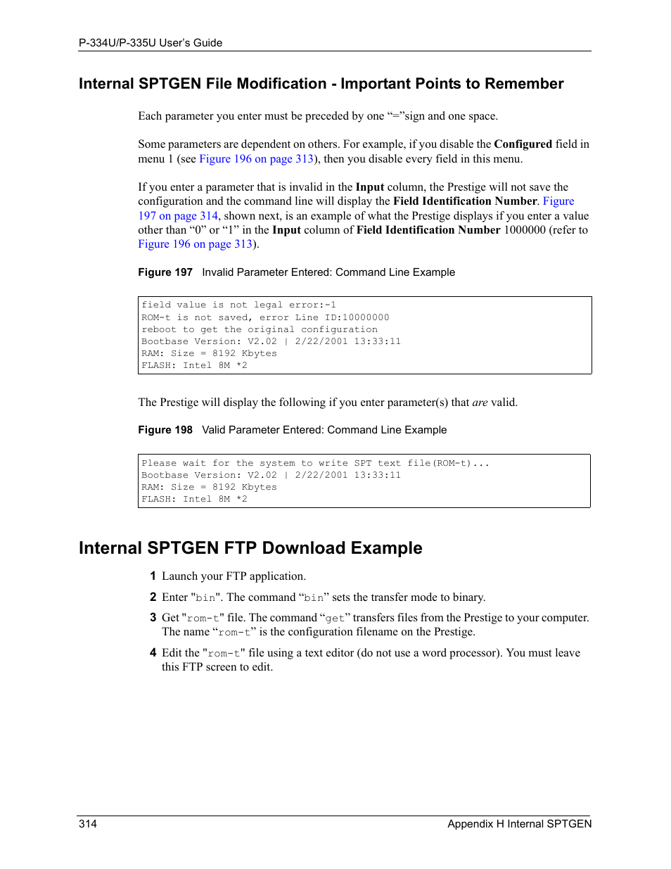 Internal sptgen ftp download example | ZyXEL Communications P-334U User Manual | Page 314 / 335