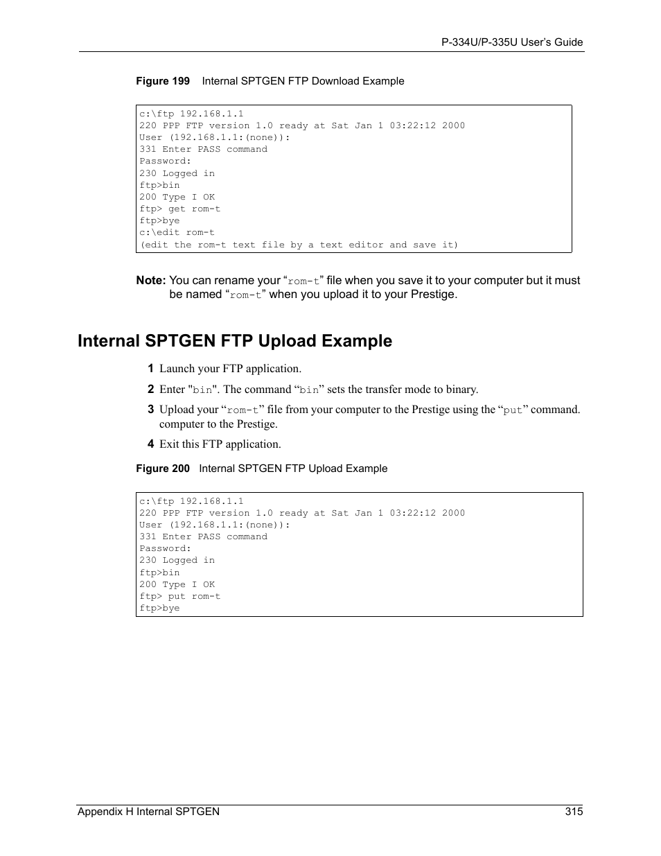 Internal sptgen ftp upload example | ZyXEL Communications P-334U User Manual | Page 315 / 335