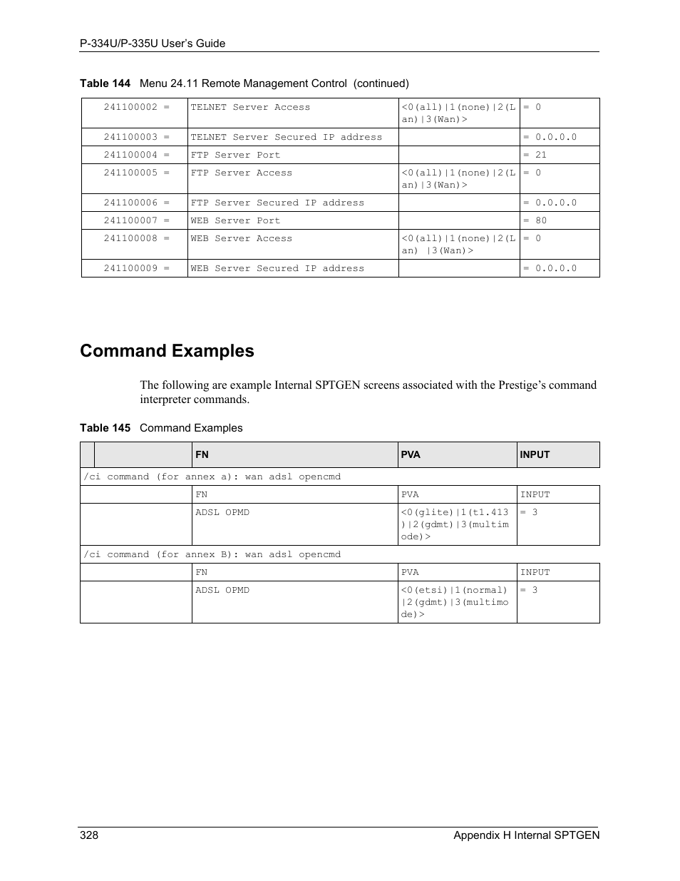 Command examples, Table 145 command examples | ZyXEL Communications P-334U User Manual | Page 328 / 335