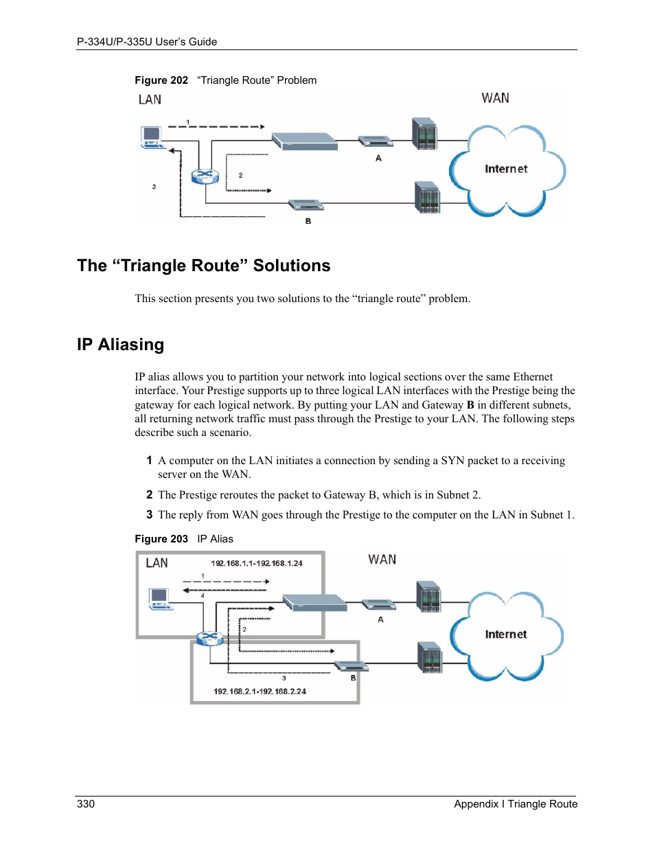 The “triangle route” solutions, Ip aliasing | ZyXEL Communications P-334U User Manual | Page 330 / 335