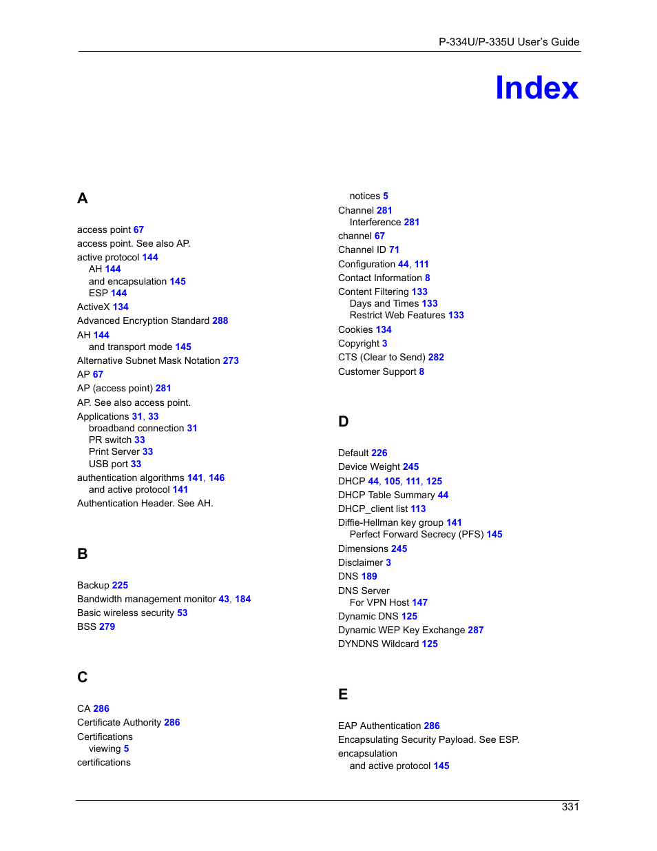 Index | ZyXEL Communications P-334U User Manual | Page 331 / 335