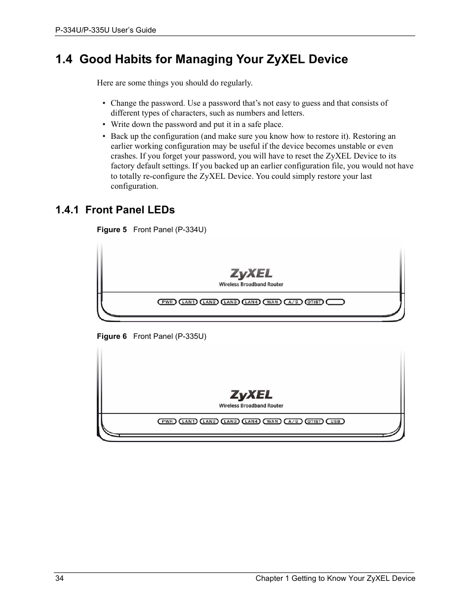 4 good habits for managing your zyxel device, 1 front panel leds | ZyXEL Communications P-334U User Manual | Page 34 / 335