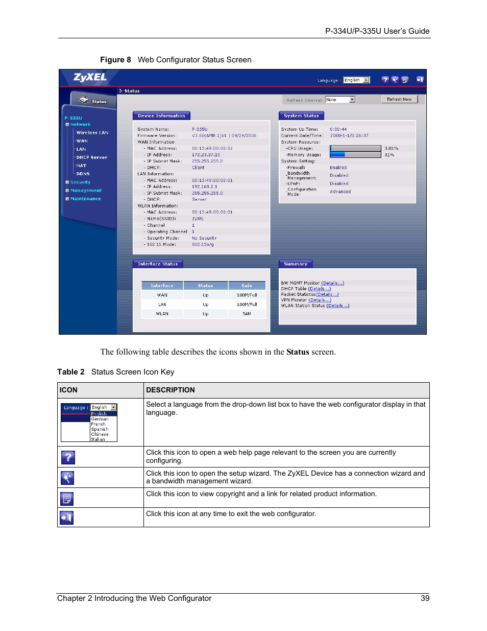 Figure 8 web configurator status screen, Table 2 status screen icon key | ZyXEL Communications P-334U User Manual | Page 39 / 335