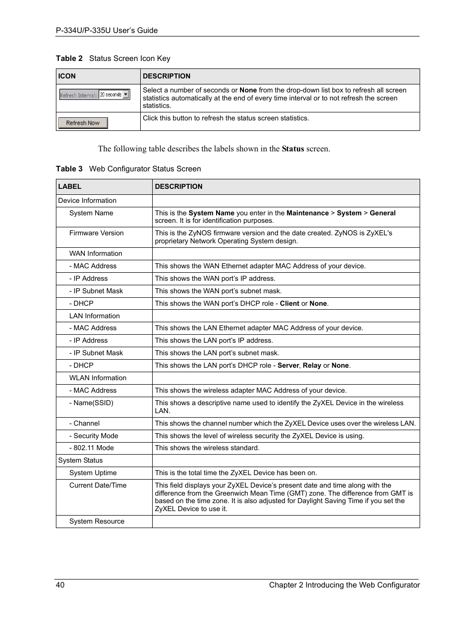 Table 3 web configurator status screen | ZyXEL Communications P-334U User Manual | Page 40 / 335