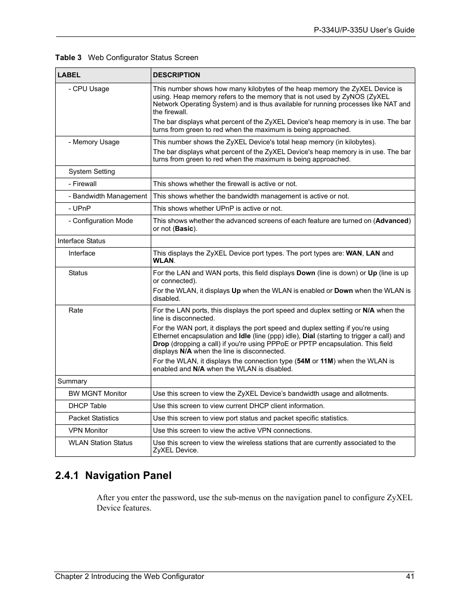 1 navigation panel | ZyXEL Communications P-334U User Manual | Page 41 / 335