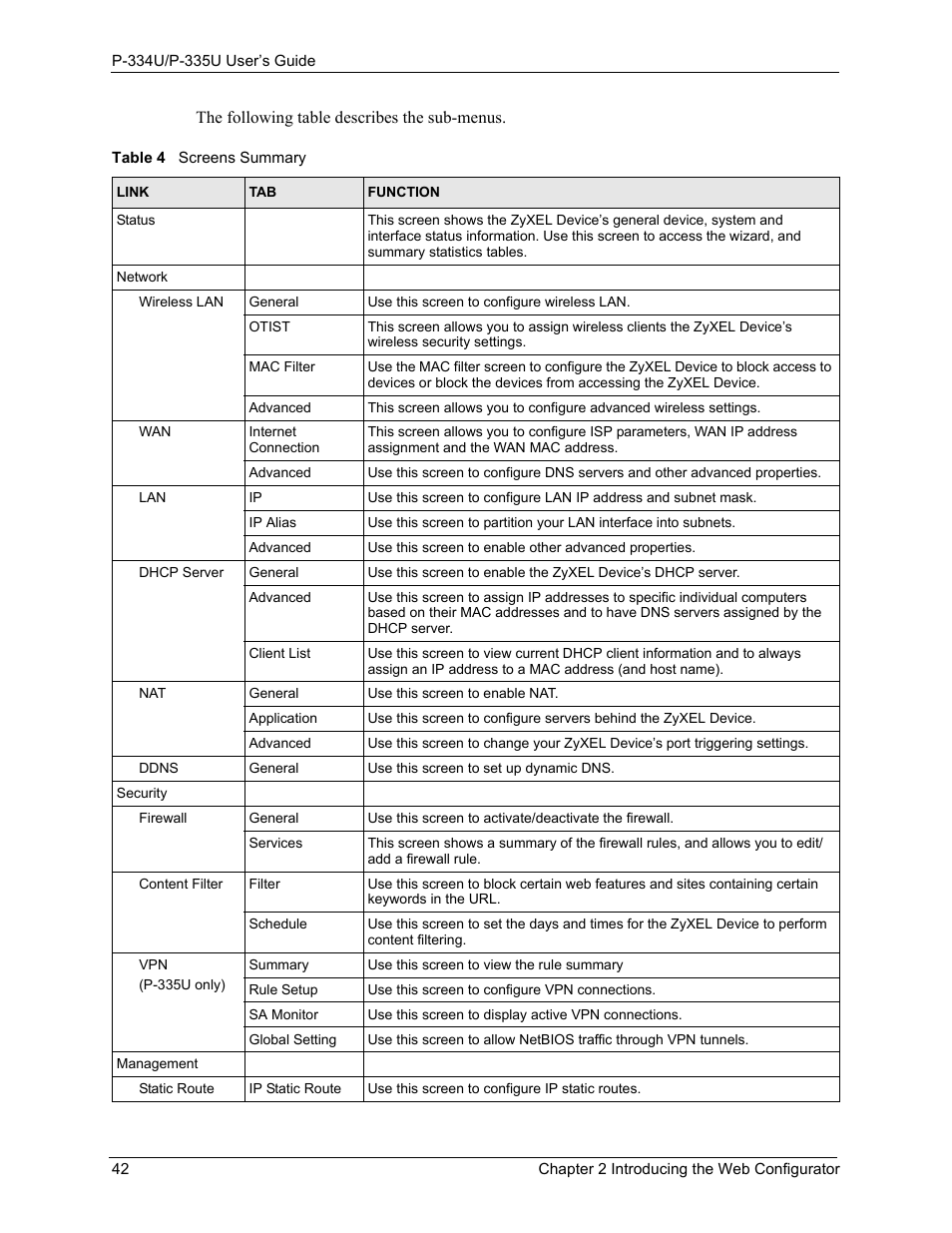 Table 4 screens summary | ZyXEL Communications P-334U User Manual | Page 42 / 335