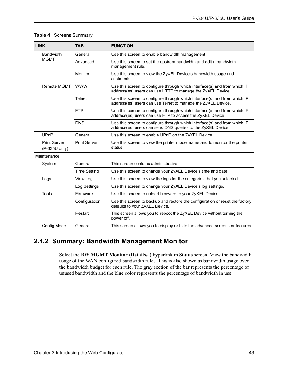 2 summary: bandwidth management monitor | ZyXEL Communications P-334U User Manual | Page 43 / 335