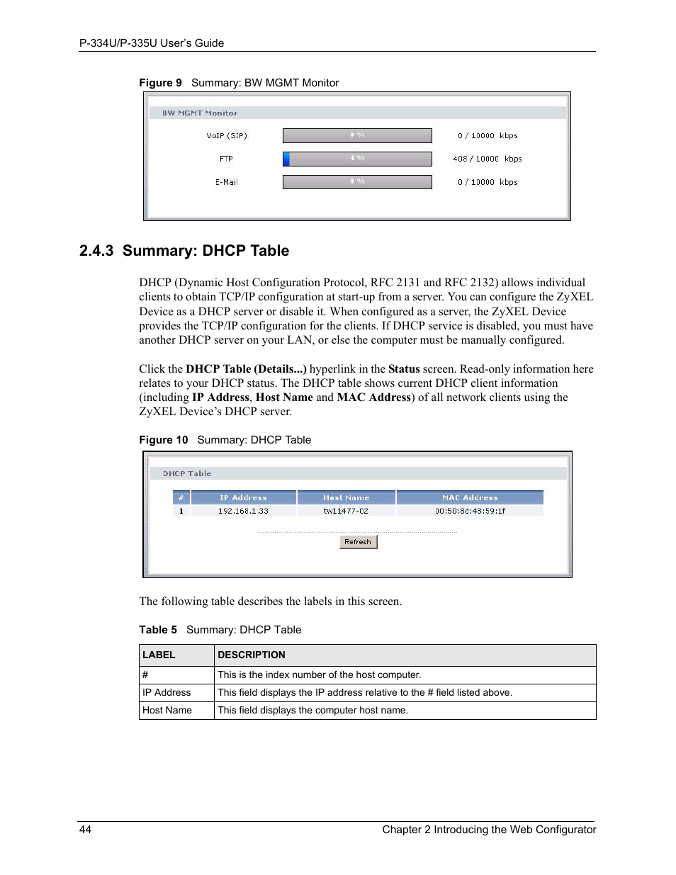 3 summary: dhcp table, Table 5 summary: dhcp table | ZyXEL Communications P-334U User Manual | Page 44 / 335