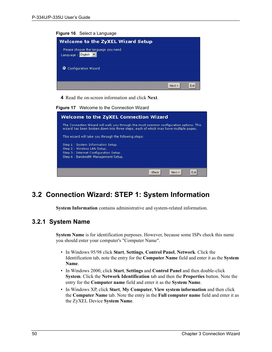 2 connection wizard: step 1: system information, 1 system name | ZyXEL Communications P-334U User Manual | Page 50 / 335