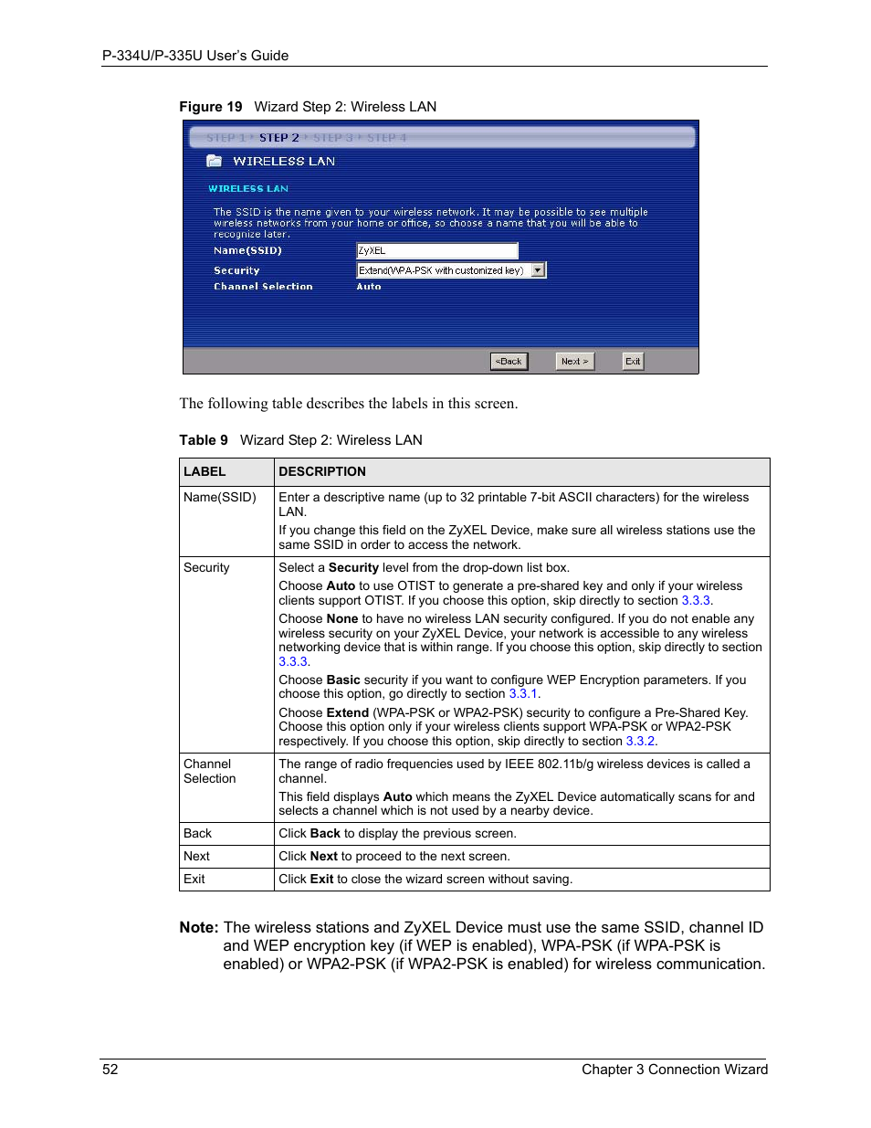 Figure 19 wizard step 2: wireless lan, Table 9 wizard step 2: wireless lan | ZyXEL Communications P-334U User Manual | Page 52 / 335