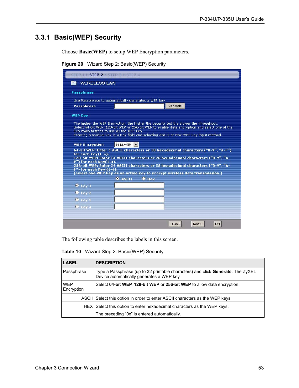 1 basic(wep) security, Figure 20 wizard step 2: basic(wep) security, Table 10 wizard step 2: basic(wep) security | ZyXEL Communications P-334U User Manual | Page 53 / 335