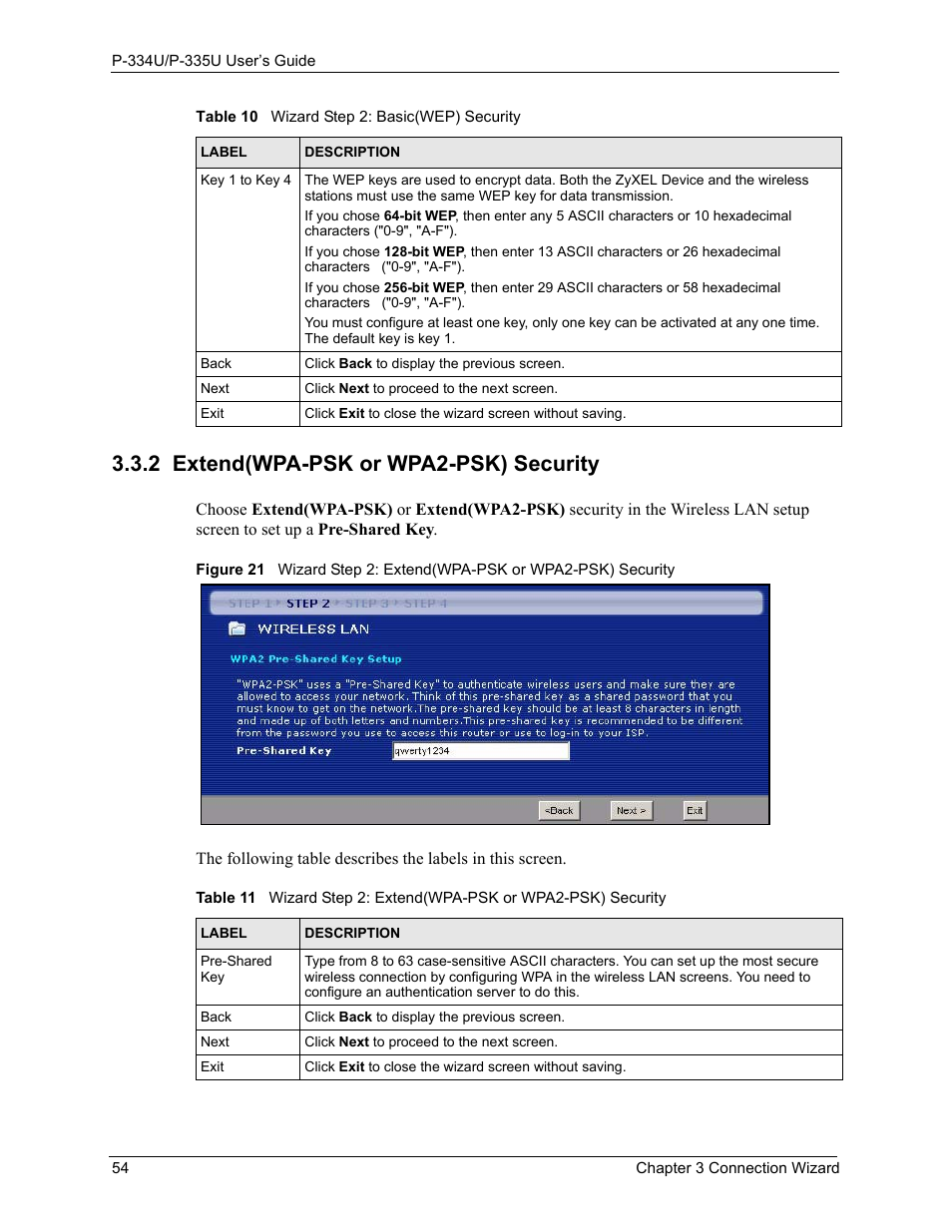 2 extend(wpa-psk or wpa2-psk) security, Section | ZyXEL Communications P-334U User Manual | Page 54 / 335