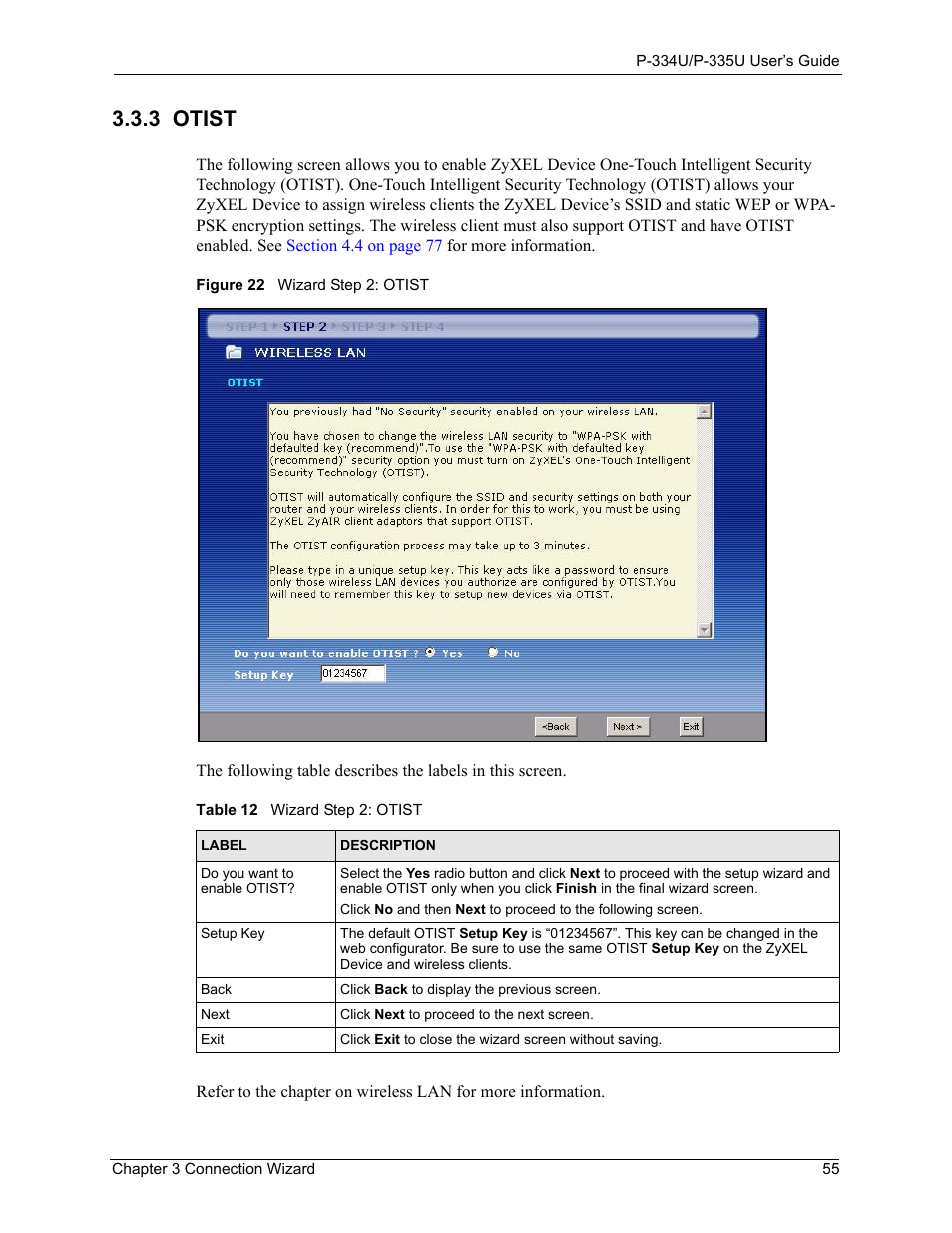 3 otist, Figure 22 wizard step 2: otist, Table 12 wizard step 2: otist | ZyXEL Communications P-334U User Manual | Page 55 / 335