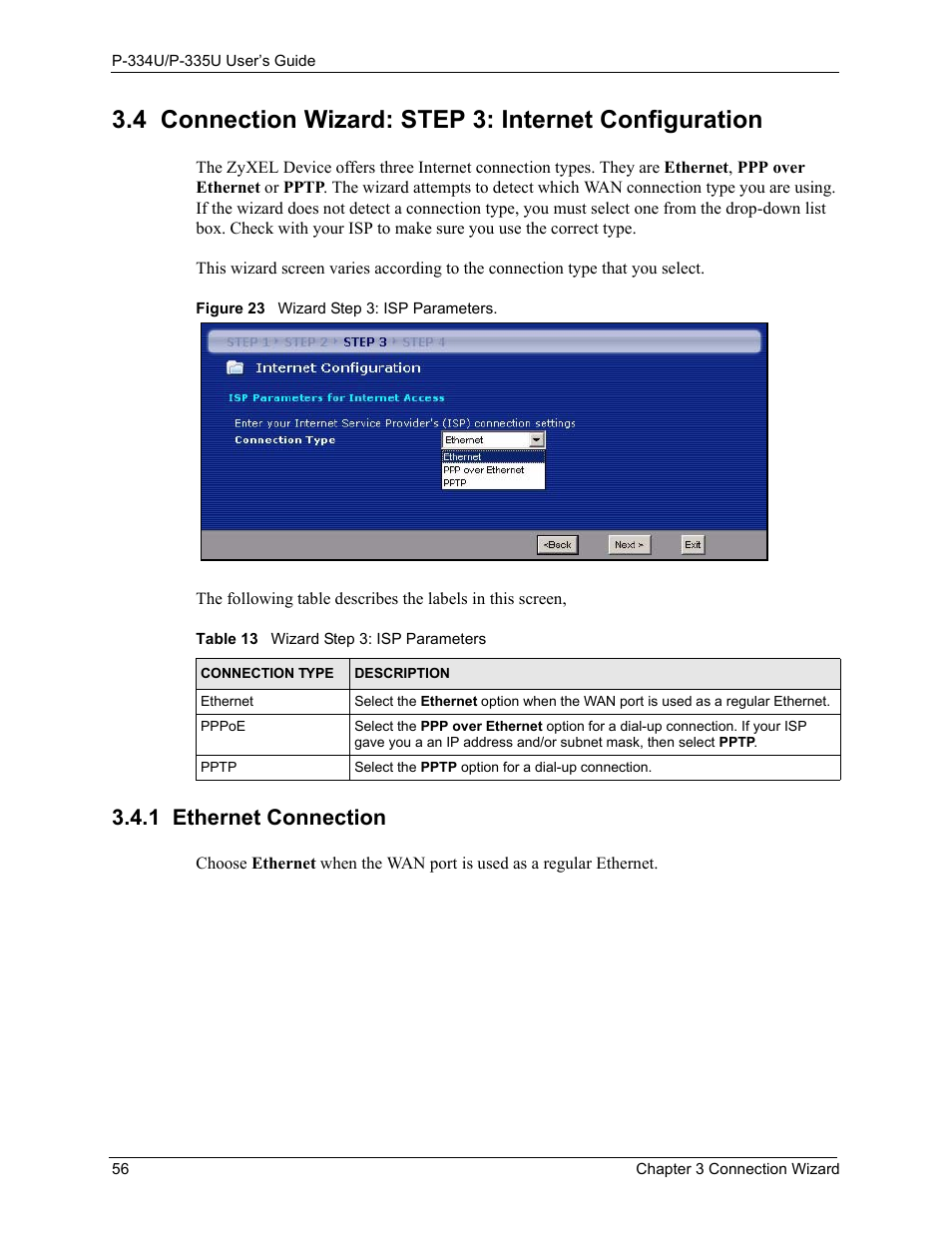 1 ethernet connection, Figure 23 wizard step 3: isp parameters, Table 13 wizard step 3: isp parameters | ZyXEL Communications P-334U User Manual | Page 56 / 335