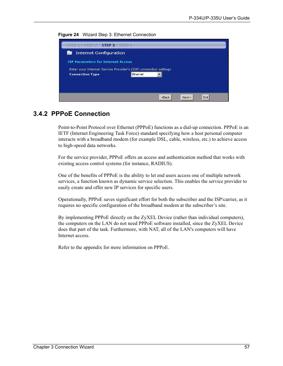 2 pppoe connection, Figure 24 wizard step 3: ethernet connection | ZyXEL Communications P-334U User Manual | Page 57 / 335