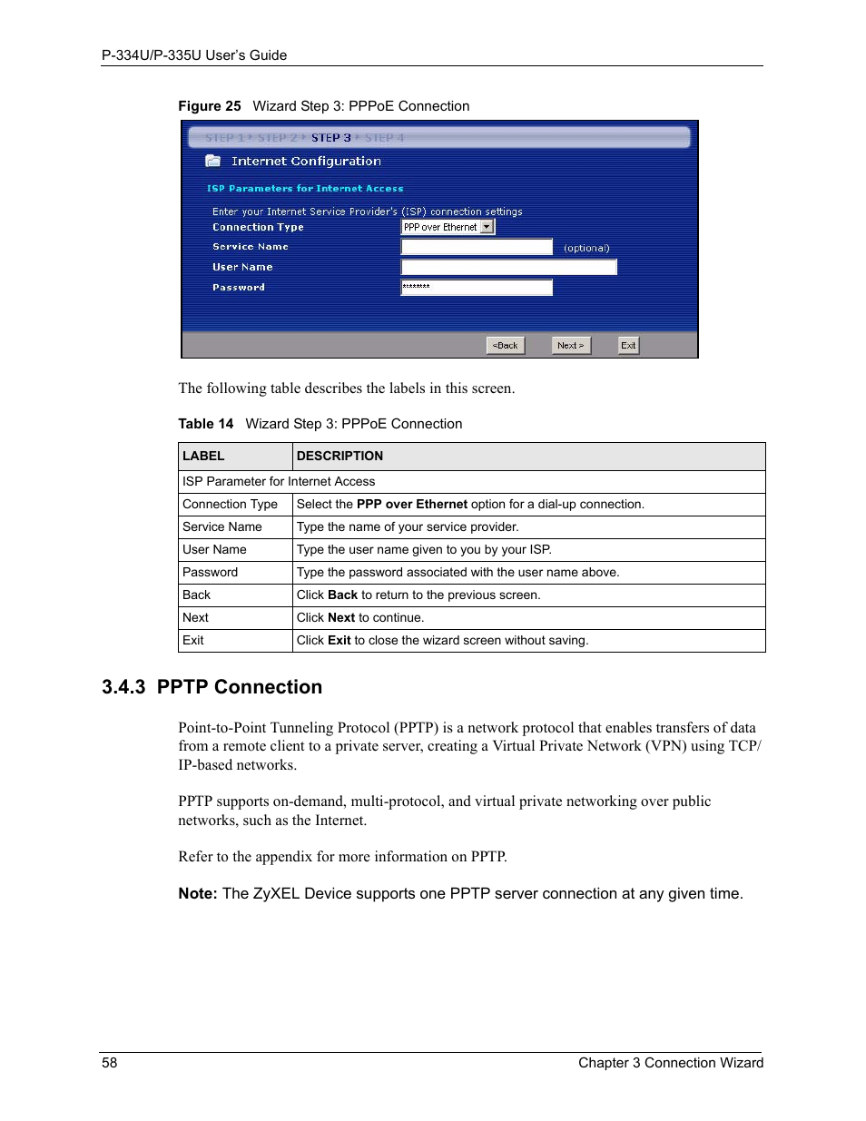 3 pptp connection, Figure 25 wizard step 3: pppoe connection, Table 14 wizard step 3: pppoe connection | ZyXEL Communications P-334U User Manual | Page 58 / 335